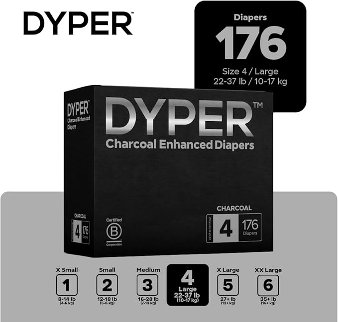DYPER Charcoal Enhanced Diapers | Baby Diapers from Plant-Based* & Honest Materials | Day & Overnight Diapers | Disposable Diapers for Sensitive Skin (Size 4, 176, Count)