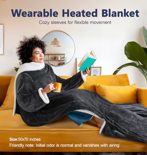 PASAMIC Electric Wearable Heated Blanket with Foot Pocket, Heated Blanket Wearable with Sleeves, Flannel & Sherpa Electric...