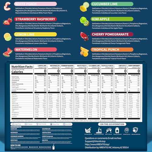VIRENTIS 16 Sticks Electrolytes Powder Packets Sugar Free Hydration Packets, 8 Flavors Liquid Daily IV Electrolyte Drink M...