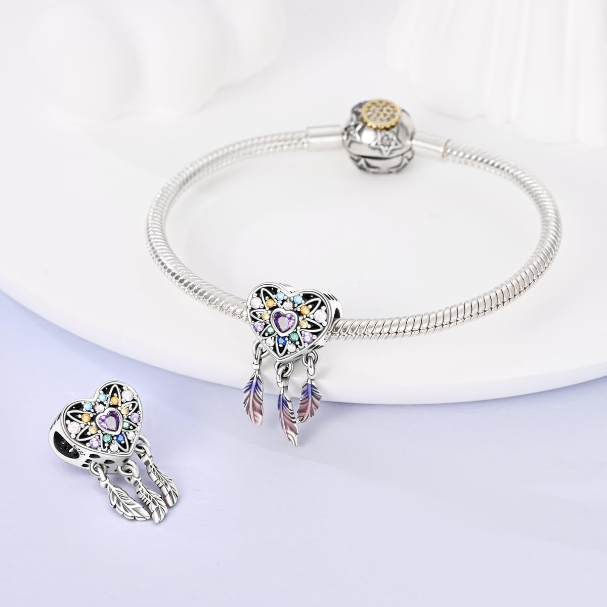 Parmuz 925 Sterling Silver Charm for Bracelet Necklace Dream catcher Feathers Tassel lucky Chameleon cat dangle charm Beads Birt