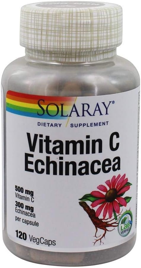 SOLARAY Vitamin C & Echinacea Root | Healthy Immune System Support w/ 500 mg VIT C & 300 mg Echinacea Per Capsule | Non-GMO & Vegan | 120 VegCaps