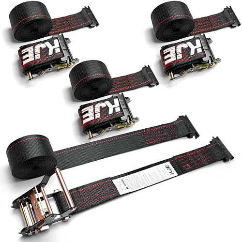 KJE E-Track Ratchet Straps, 4 Pack Black 2" x16' Heavy Duty Cargo Tie-Downs, 4500LBS Breaking Strength, Standard E Track F...