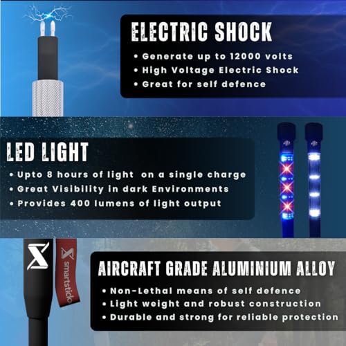 SmartstickX Tactical Walking Stick Staff Self Defense Stun Gun, 2 Bright LED Light Modes, Military Grade Aluminum, USB Cha...