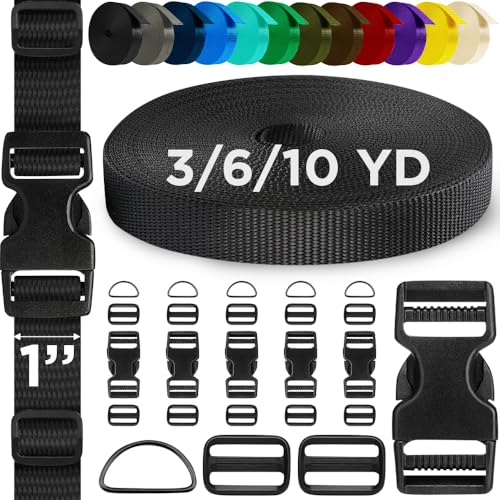 TECEUM Buckles & Strap Kit – 1" Black Nylon Webbing 6 (yd) – 6 Heavy Duty Adjustable Plastic Buckles – 12 Tri-Glide Slide ...