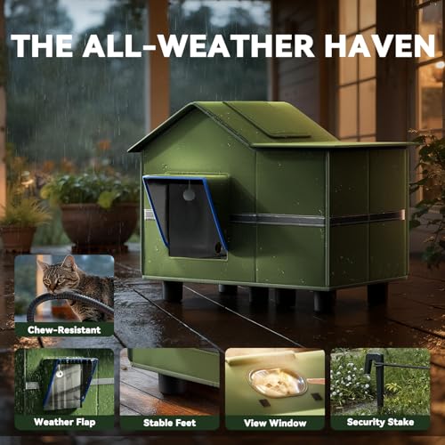 Heated Cat Shelter for Outside, Large Outdoor Cat House with Roof Window and Cozy Cushion, Weatherproof Foldable and Easy ...
