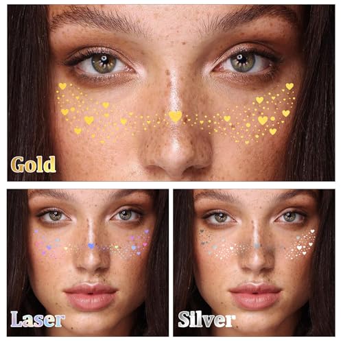 Araluky 8Pcs Face Glitter Freckles Face Tattoo, Body Glitter Makeup Patches Sparkle Speckles Patches, Temporary Tattoo Mak...