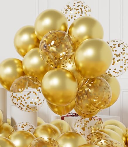 AULE Party Balloons Pack of 42 - Metallic Gold Balloons & Gold Confetti Balloons and 64ft Ribbons - 12 Inch Balloons Decor...