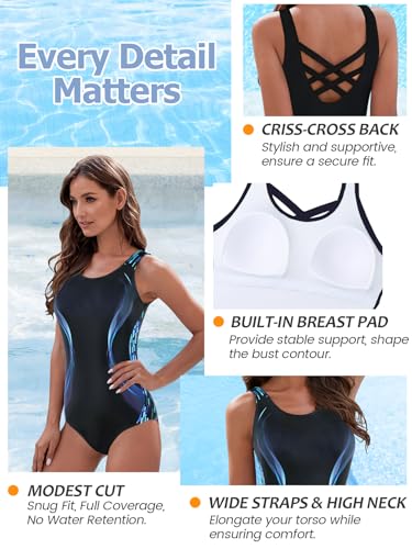 Athletic One Piece Swimsuit Women Modest Criss Cross Back Bathing Suit Quick Dry Full Coverage Swim Suit