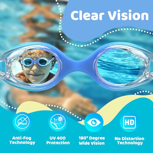 Vvinca Kids Swim Goggles with Bungee Strap No Leaking Anti Fog Toddler Goggles with Quick Adjust Ages 3-14