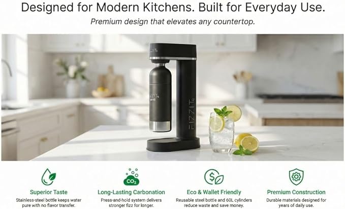 Fizzit Spärklï Carbonated Water Soda Maker with Stainless Steel Bottle Included,Dishwasher Safe (Sparkli-Black)
