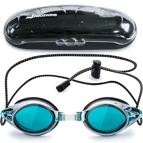Proswims Anti-Fog Racing Swimming Goggles with Bungee Strap, Hard Case and Bonus Swim Goggles Microfiber Cleaning Cloth