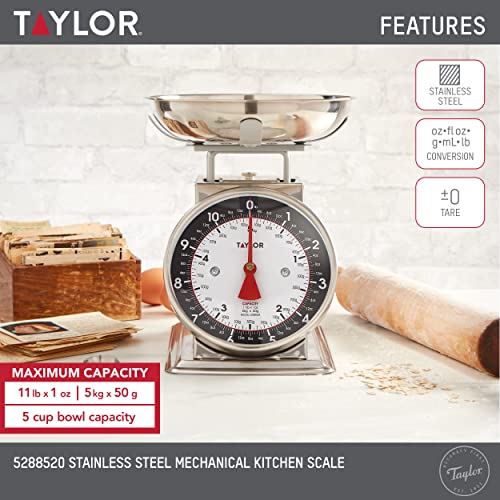 Taylor Mechanical Kitchen Food Scale with Bowl, Weighs Up to 11lbs, Measures in Grams and Ounces, Analog Cooking Scale for...