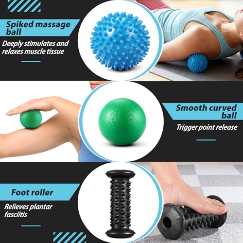 Lewtemi Massage Ball and Foot Roller, 3-in-1 Set with Spiky Ball Lacrosse Balls Massage Roller Carrying Bag, Foot Massager...