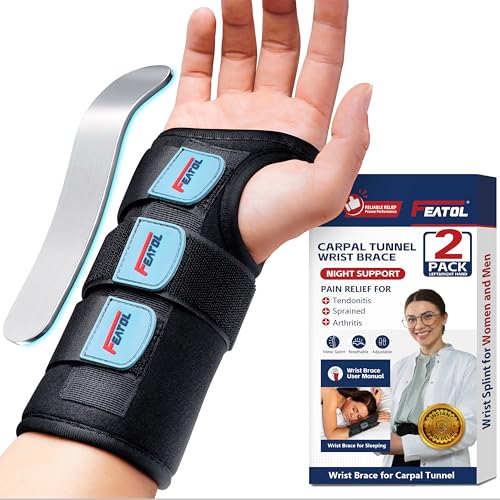 FEATOL Carpal Tunnel Wrist Brace Night Support 2 Pack - Wrist Splint for Pain Relief Tendonitis, Sprained, Arthritis - Met...