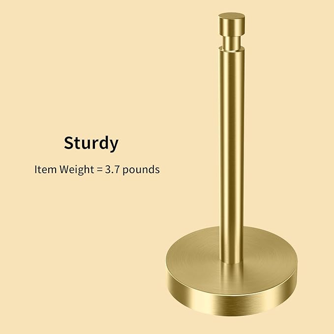 Paper Towel Holder Countertop, Paper Towel Holder with Weighted Base Non Slip, Standing Paper Towel Roll Holder for Kitchen Bathroom, Easy One-Handed Operation, Stainles Steel (Gold)