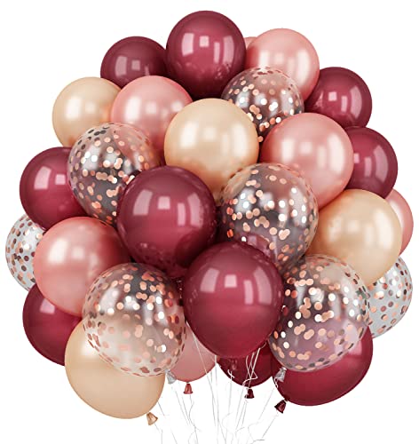 Balloons Burgundy Rose Gold, 60 Packs 12 Inches Wine Red Champagne Latex Balloon Rose Gold Confetti Balloons for Women Gir...