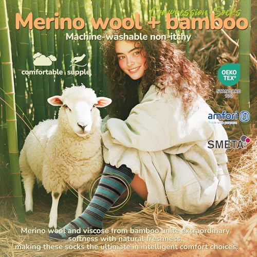 Iambamboo Merino Wool Compression Socks for Women Men, 15-20 mmHg Knee High Socks for Flying, Travel, Running
