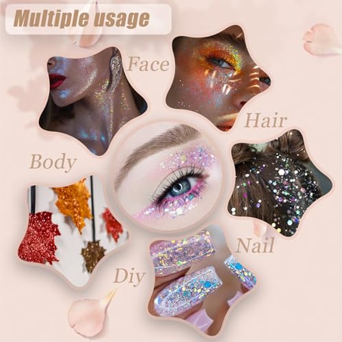 Face Body Glitter, Hair Glitter Sparkles Chunky Face Glitter Gel for Girls Makeup Singer Concerts Mermaid Festival Sequins...