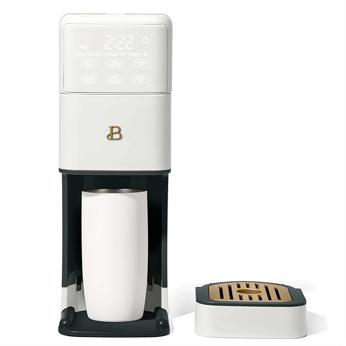 Beautiful Perfect Grind Programmable Single Serve Coffee Maker with Touch-activated Display, Programmable and Integrated Burr Grinder, 64oz Water Reservoir (WHITE ICING)