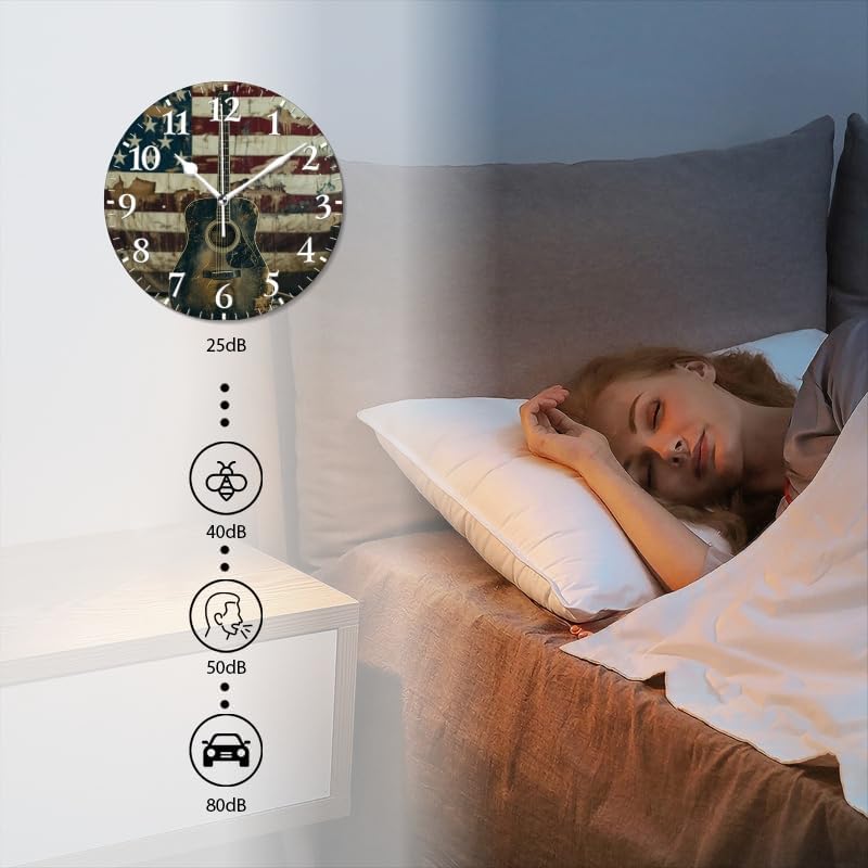 Guitar Wall Clock Non-Ticking Silent Clocks Battery Operated Analog Decor Clock for Home-Acoustic Guitar Leaning Against Old American Flag(16inch)