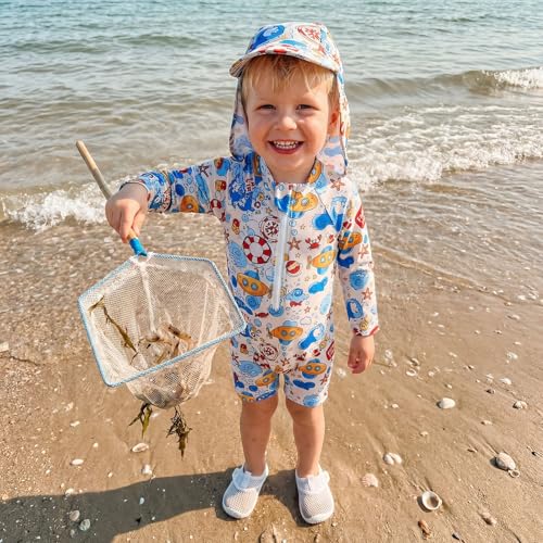 Baby Boy Rash Guard Swimsuit Color Block Long Sleeve Zipper One Piece Swimwear Toddler Bathing Suit ＋ Shark Sun Cap