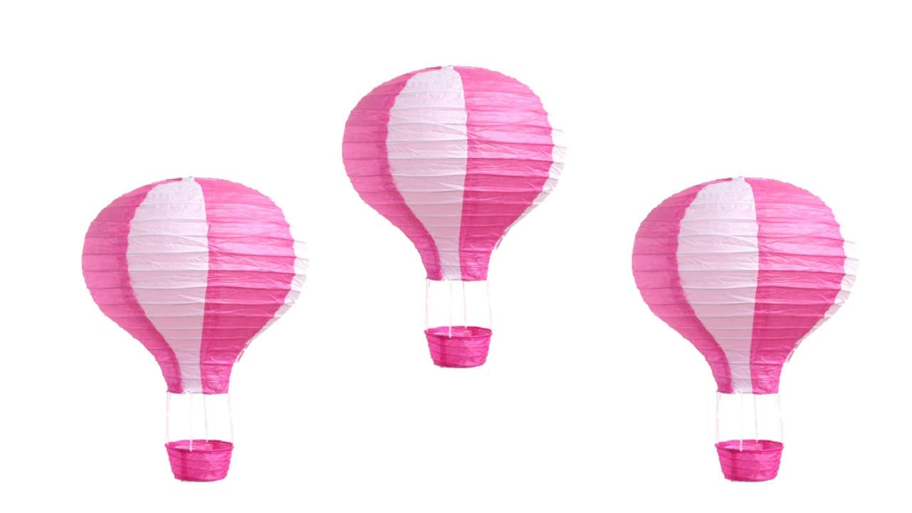 Matissa Pack of 3 Stripy Hot Air Balloon Lanterns, 14in Pink Metal Shade