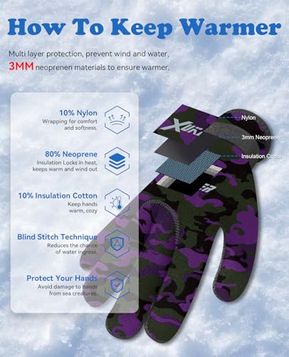 XUKER Neoprene Water Gloves, Winter Fleece-Lined 3mm Five Finger Warm Wetsuit Winter Gloves for Scuba Diving Snorkeling Su...
