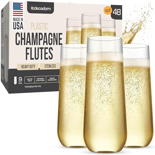 DECADORN Clear Stemless Champagne Flutes Plastic 48 Pack - 9oz Plastic Champagne Glasses - Durable and Sturdy Mimosa Glass...