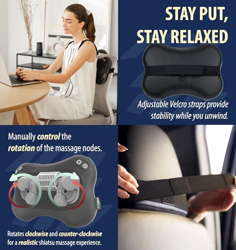 Zyllion Shiatsu Back and Neck Massager with Heat - Cordless Rechargeable 3D Electric Kneading Deep Tissue Massage Pillow w...