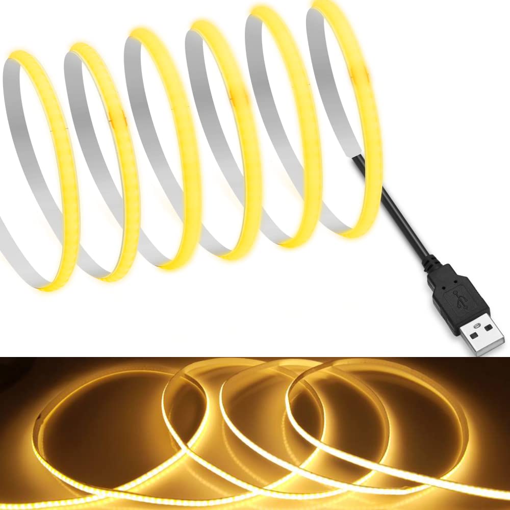 Mdee?Usb Cob Tape Light Led Strip 1.64Ft/0.5M- Flexible 5Mm Hidden Dc 5V Led Tape With 320 Leds/M For Warm (2700K) Lighting. Cuttable  Shapeable  Usb Powered. Ideal For Kitchen
