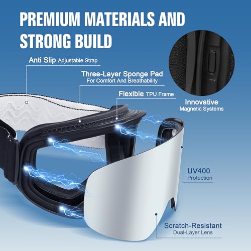 suoso OTG Ski Goggles for Men and Women, Frameless Magnetic Snowboard Goggles Anti Fog UV400 Protection Snow Glasses