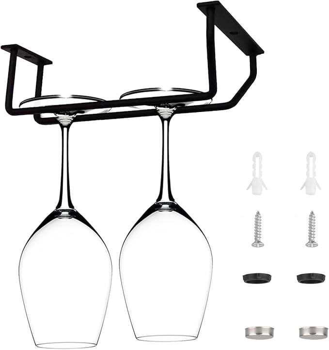 7 Inch Black Wine Glass Rack, Under Cabinet Stemware Holder, Hanging Stemware Holder for Cabinet Kitchen Bar, Set of 4