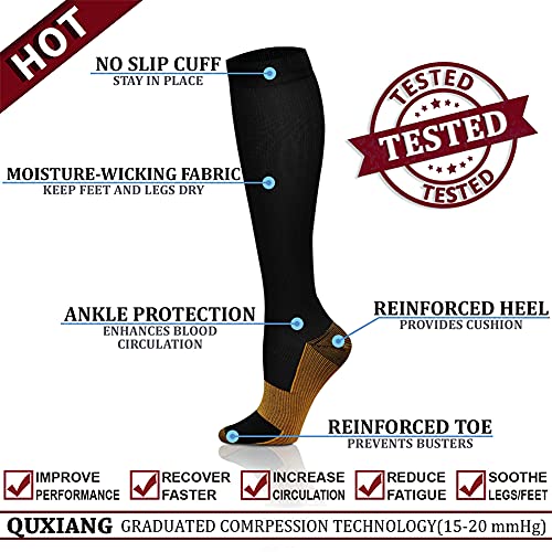 QUXIANG Copper Compression Socks for Women & Men Circulation (8 Pairs) - Best for Running Athletic Cycling - 15-20 mmHg