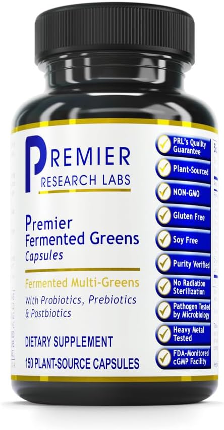 Premier Research Labs Probiotic Fermented Greens - Super Greens Supplement, Superfood Blend, Organic Vitamins with Probiotic - Daily Greens with Spinach, Chlorella, & More - 150 Powder Filled Capsules