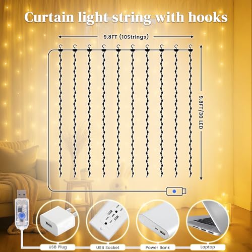 DomeStar 300 LED Curtain Lights for Bedroom, 9.8 x 9.8 FT Battery Operated Christmas Fairy Lights with 8 Modes Remote Chri...