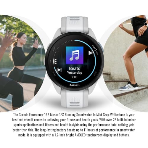 Garmin Forerunner 165 Music GPS Running Smartwatch (Mist Gray-Whitestone) Bundle with Focus Camera Charger Stand Smartwatc...