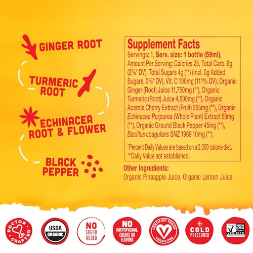 Vive Organic Original Ginger and Turmeric Immunity Boost Shot, Potent Wellness Shots, Gluten Free and Vegan, 2 fl oz Bottl...
