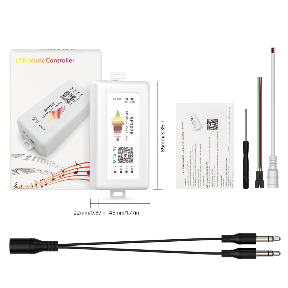 BTF-LIGHTING FCOB RGB Controller SP107E Music Bluetooth, Supports WS2811/WS2812B/WS2813, Built-in Mic, AUX Input, Plastic, Bluetooth Musical