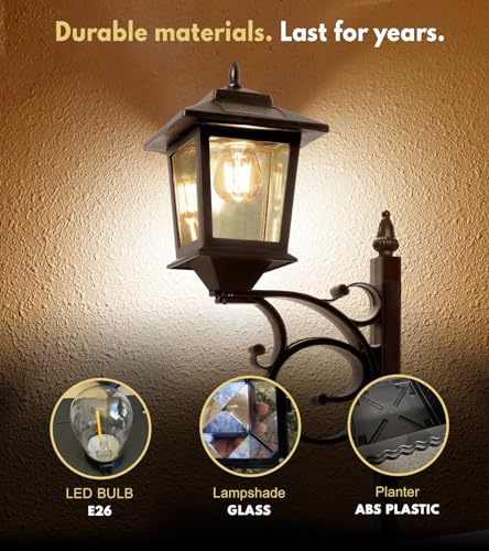 PASAMIC 2 in 1 Outdoor Flower Pots for Real or Fake Flowers, Solar Lamp Post Lights - Wall Mount or Freestanding, Waterpro...