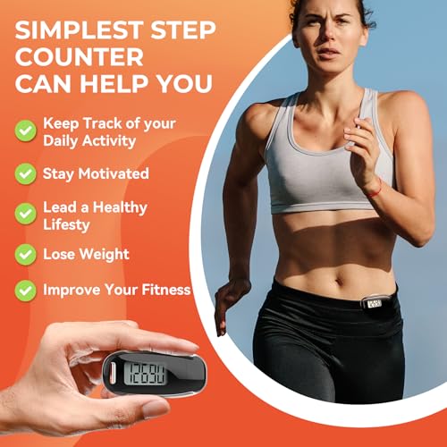 3D Pedometer for Walking, Simple Walking Step Counter with Removable Clip and Strap, USB Rechargeable Step Tracker with Ba...