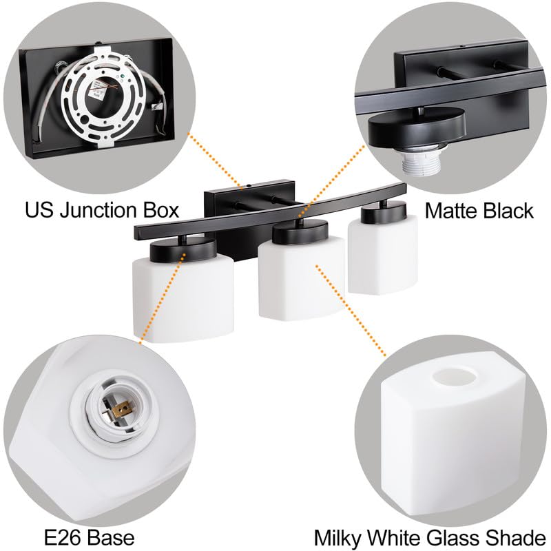 Dosoty 3-Light Bathroom Vanity Light Fixture Over Mirror  Modern Matte Black Vanity Lights With Milky Glass Shade  23 Inches Vanity Lighting Fixtures For Bathroom Lighting