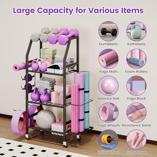 Homeiju Dumbbell Rack, Weight Rack for Home Gym, Yoga Mat Storage Holder with Lockable Wheels, Dumbbell Stand with Hooks, ...