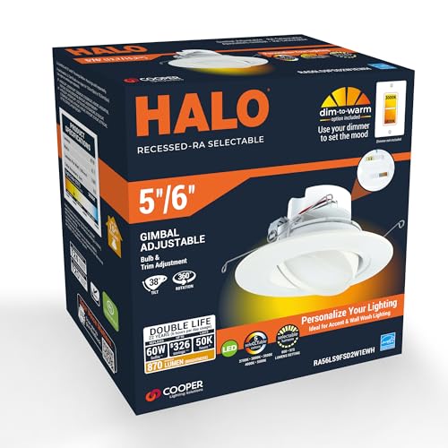 HALO RA Recessed Lighting 6 inch LED Trim Downlight with Adjustable Gimbal Selectable Lumens and Color Temperatures, Dim-to-Warm - RA56LS9FSD2W1EWH