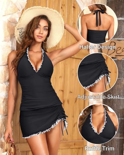 Women Tankini Swimsuits with Skirt - Two Piece Tummy Control Bathing Suit Halter V Neck 2025 Swimwear