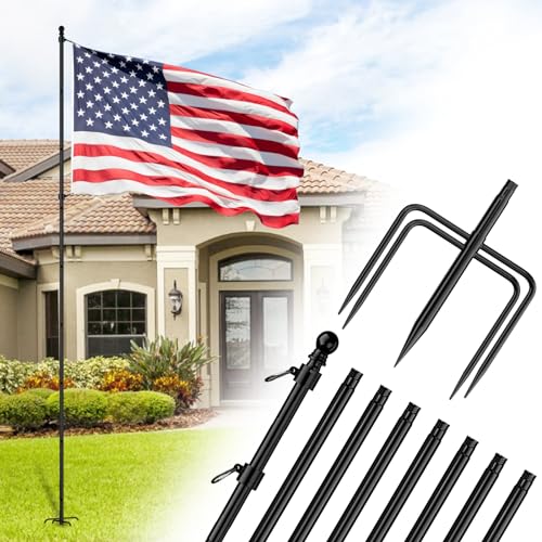ZMTECH 10 FT Flag Pole in Ground, Heavy Duty Flag Pole Holder for Outside House with 5 Pronges Base, Extra Thick Flag Pole...