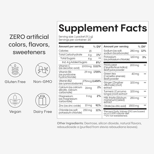 Hydralyte Liver Support + Electrolyte Mix with Milk Thistle, Turmeric, Ginger, Prickly Pear, Green Tea Extract Formulated ...