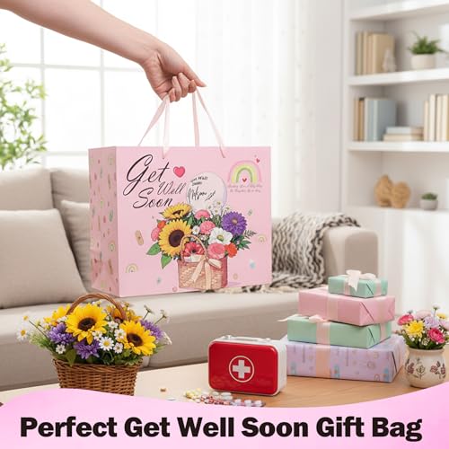 NIUBEHOHO Get Well Soon Gift Bag - Large Pink Flowers Gift Bag for Women Men with Wrapping Tissue Paper Self Care Card Aft...