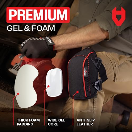 NoCry Flooring Knee Pads for Men with Extra-Wide Gel & Thick Foam Cushion — Floor-Safe Anti-Slip Leather Kneepads for Cons...