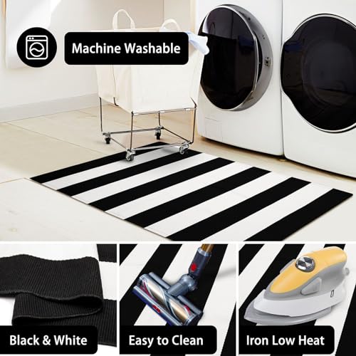 KOZYFLY Black and White Area Rug 27.5x43 Inches Striped Front Door Rug Cotton Washable Indoor Outdoor Rug Doormats Outdoor...