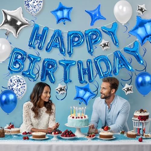 56 PCS Happy Birthday Balloons Happy Birthday Banner Silver and Black Balloons for Boys Men Girls Women 16th 18th 20th 21s...